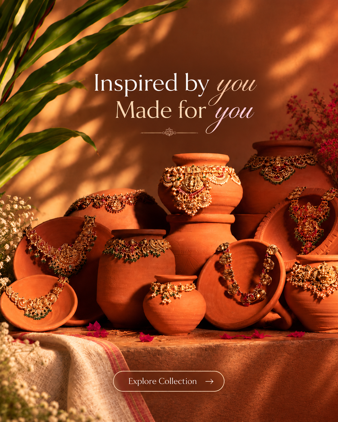Inspired by you, made for you: She Creation antique temple necklaces displayed on terracotta pots