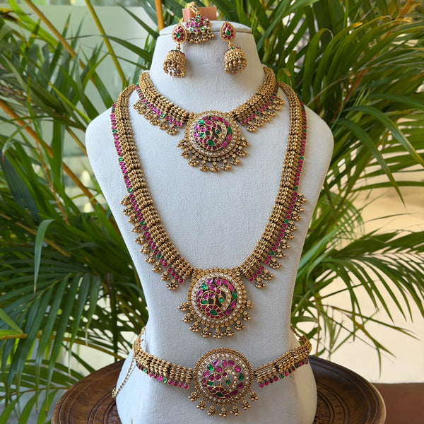 Antique Temple Bridal Combo Set with Choker, Long Haram, Vaddanam & Earrings – Ruby Green Kemp Lakshmi Design AC77