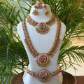 Antique Temple Bridal Combo Set with Choker, Long Haram, Vaddanam & Earrings, Ruby Green Kemp Lakshmi Design AC77