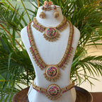 Antique Temple Bridal Combo Set with Choker, Long Haram, Vaddanam & Earrings, Ruby Green Kemp Lakshmi Design AC77