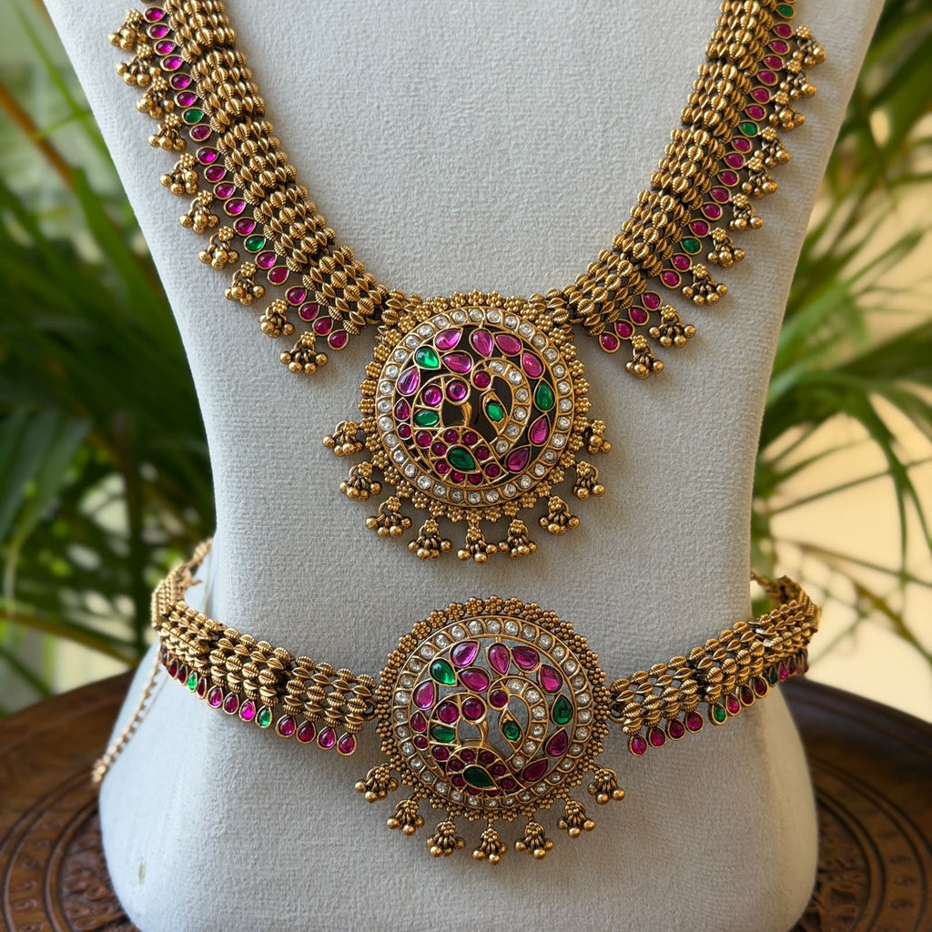 Antique Temple Bridal Combo Set with Choker, Long Haram, Vaddanam & Earrings, Ruby Green Kemp Lakshmi Design AC77 (view 2)