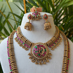 Antique Temple Bridal Combo Set with Choker, Long Haram, Vaddanam & Earrings, Ruby Green Kemp Lakshmi Design AC77 (view 3)