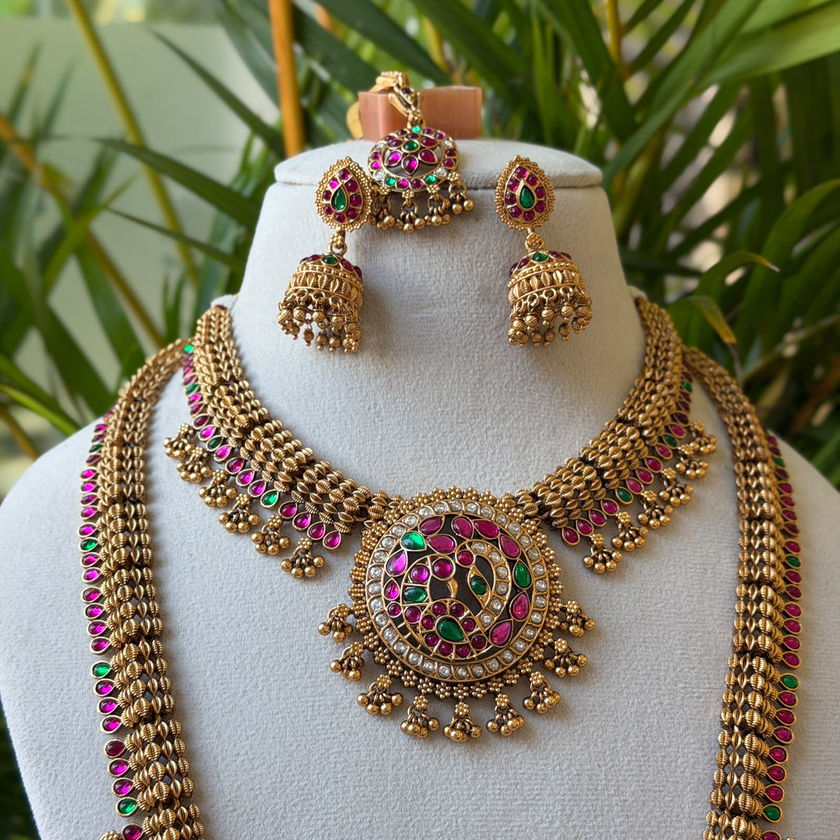 Antique Temple Bridal Combo Set with Choker, Long Haram, Vaddanam & Earrings, Ruby Green Kemp Lakshmi Design AC77 (view 3)