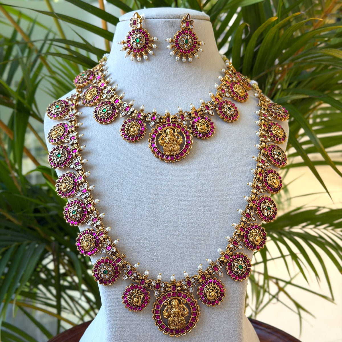 Antique Temple Bridal Long Haram Set, Ruby Kemp Lakshmi Medallion Necklace with Pearl Accents & Earrings AC78