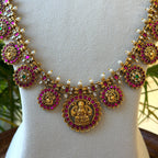 Antique Temple Bridal Long Haram Set, Ruby Kemp Lakshmi Medallion Necklace with Pearl Accents & Earrings AC78 (view 2)