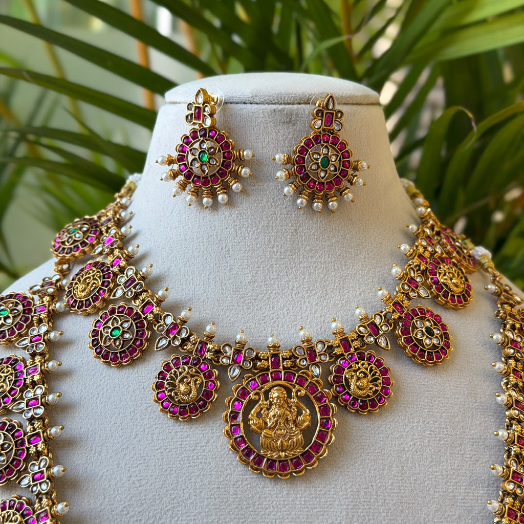 Antique Temple Bridal Long Haram Set, Ruby Kemp Lakshmi Medallion Necklace with Pearl Accents & Earrings AC78 (view 3)