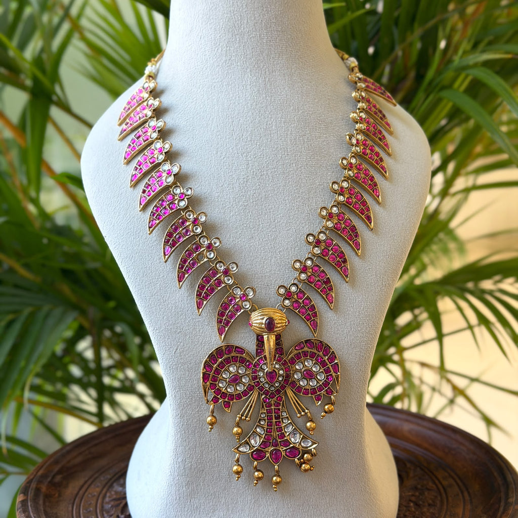 Ruby Kemp Leaf Design Haram, Antique Gold Long Necklace with Peacock Pendant & Pearl Drops AH130