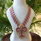 Ruby Kemp Leaf Design Haram, Antique Gold Long Necklace with Peacock Pendant & Pearl Drops AH130