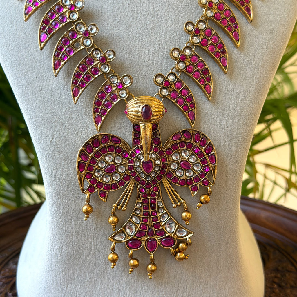 Ruby Kemp Leaf Design Haram, Antique Gold Long Necklace with Peacock Pendant & Pearl Drops AH130 (view 2)