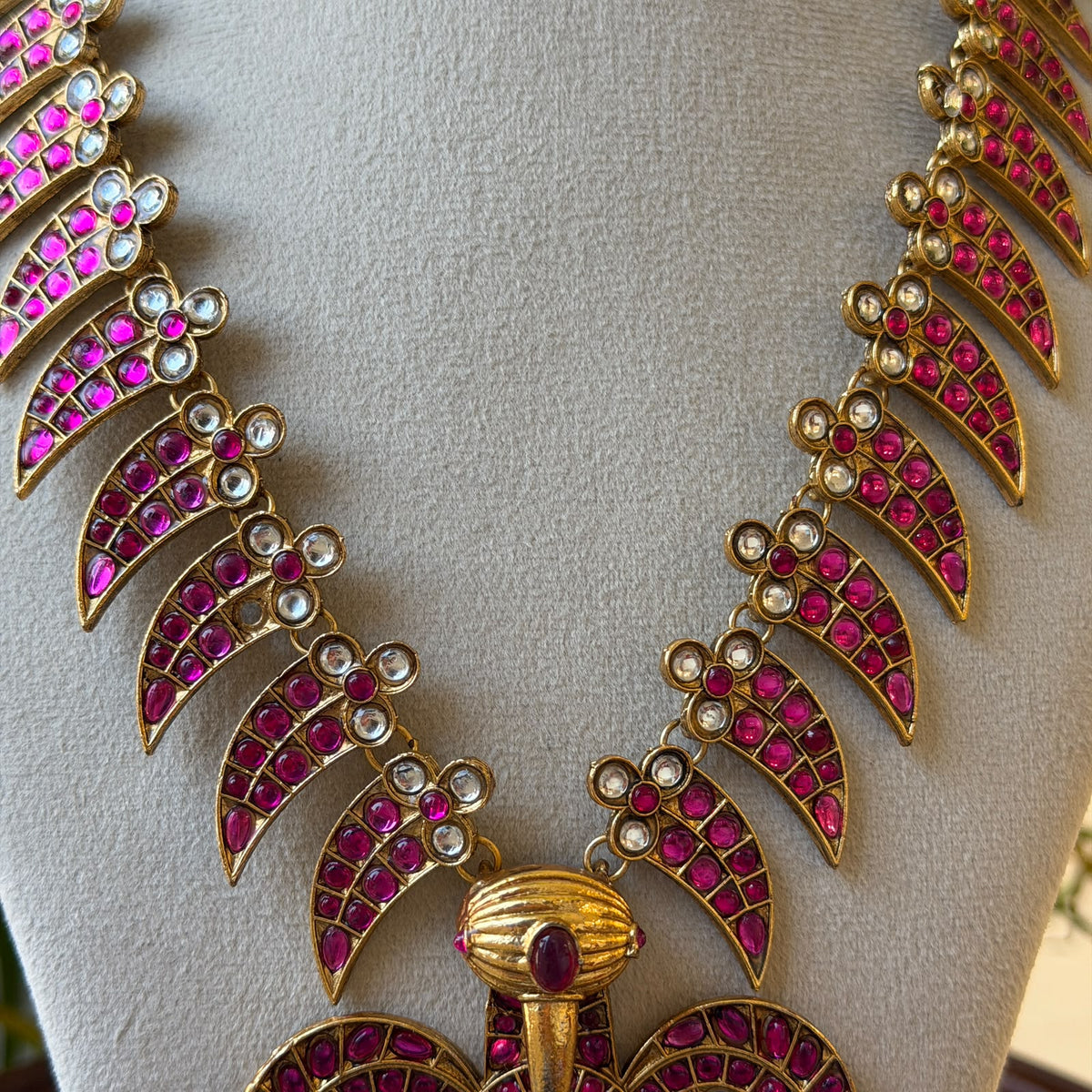 Ruby Kemp Leaf Design Haram, Antique Gold Long Necklace with Peacock Pendant & Pearl Drops AH130 (view 3)