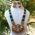 Green Bead Multi-Strand Haram, Antique Gold Lakshmi Temple Pendant Long Necklace with Jhumka Earrings AH131