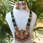 Green Bead Multi-Strand Haram, Antique Gold Lakshmi Temple Pendant Long Necklace with Jhumka Earrings AH131