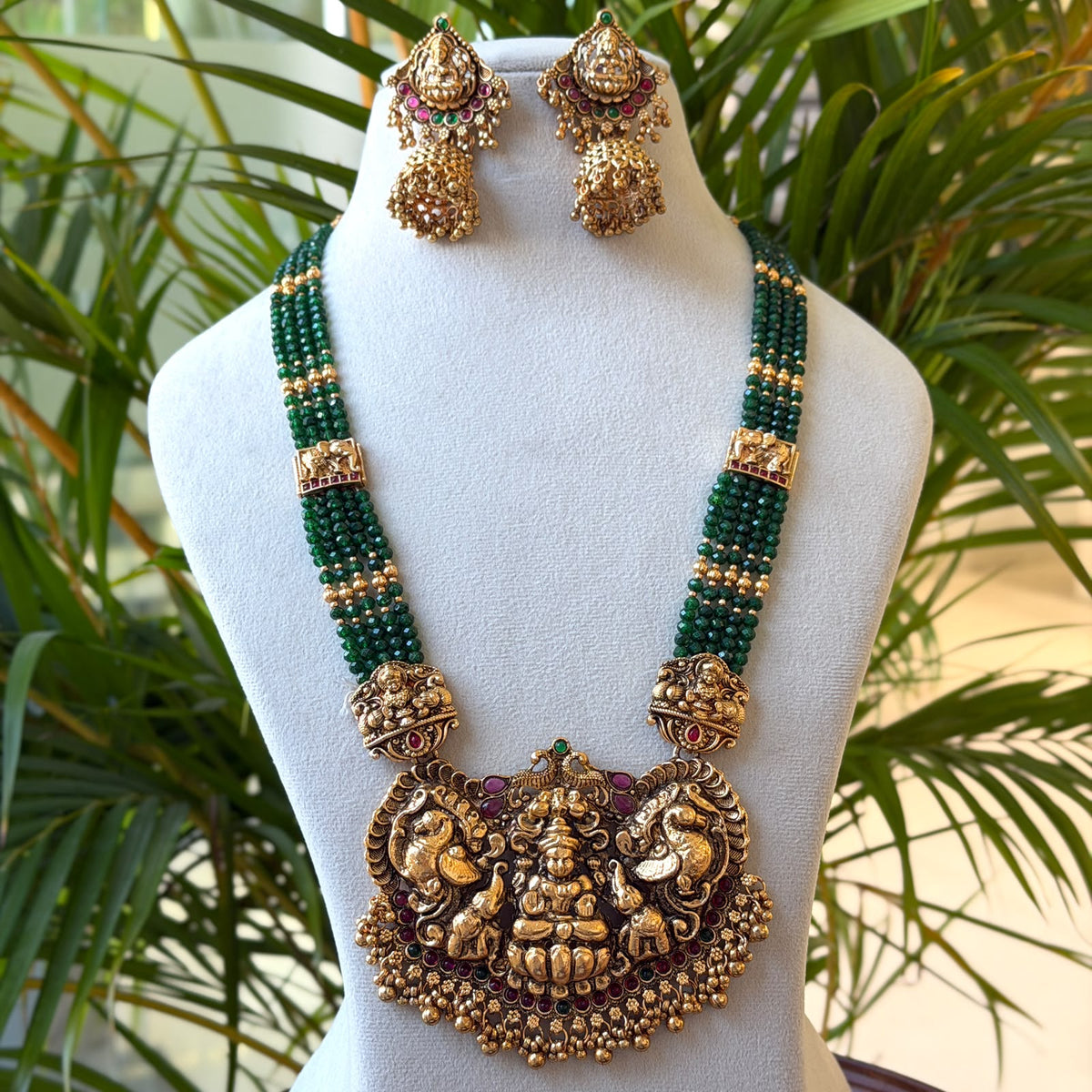 Green Bead Multi-Strand Haram, Antique Gold Lakshmi Temple Pendant Long Necklace with Jhumka Earrings AH131