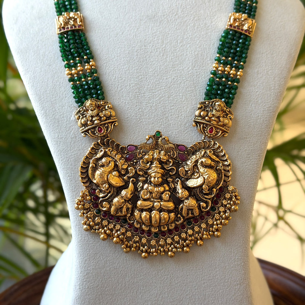 Green Bead Multi-Strand Haram, Antique Gold Lakshmi Temple Pendant Long Necklace with Jhumka Earrings AH131 (view 2)
