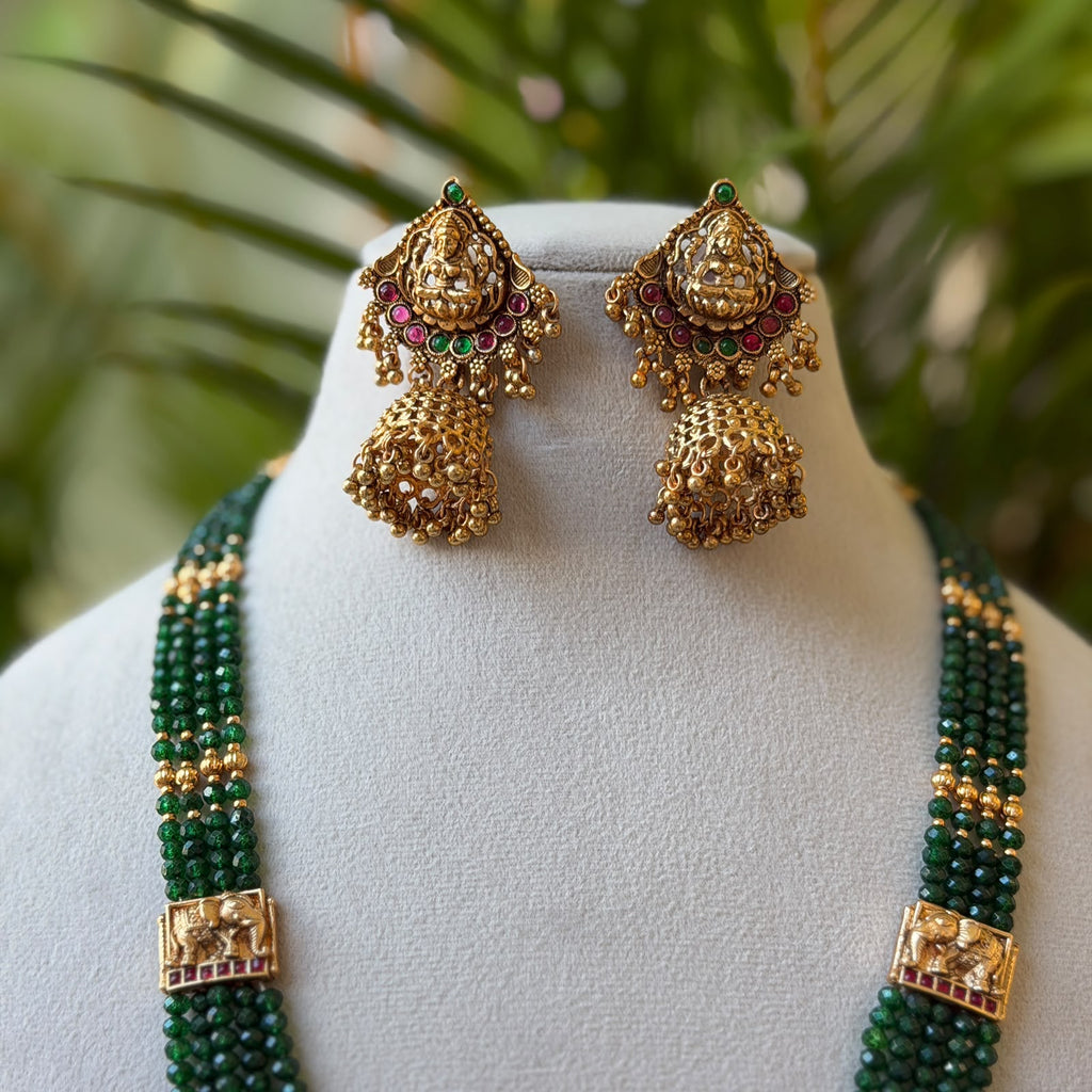 Green Bead Multi-Strand Haram, Antique Gold Lakshmi Temple Pendant Long Necklace with Jhumka Earrings AH131 (view 3)