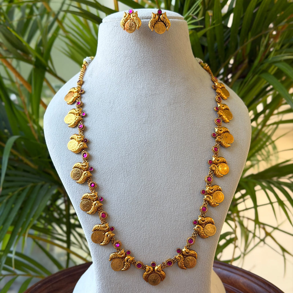 Antique Gold Mango Mala Haram, Long Chain Necklace with Ruby Kemp Mango Motifs & Earrings AH132
