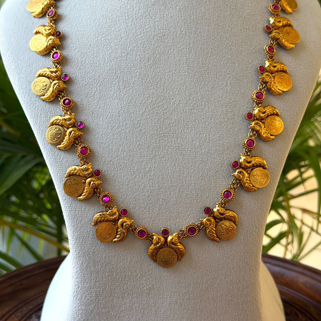 Antique Gold Mango Mala Haram, Long Chain Necklace with Ruby Kemp Mango Motifs & Earrings AH132 (view 2)