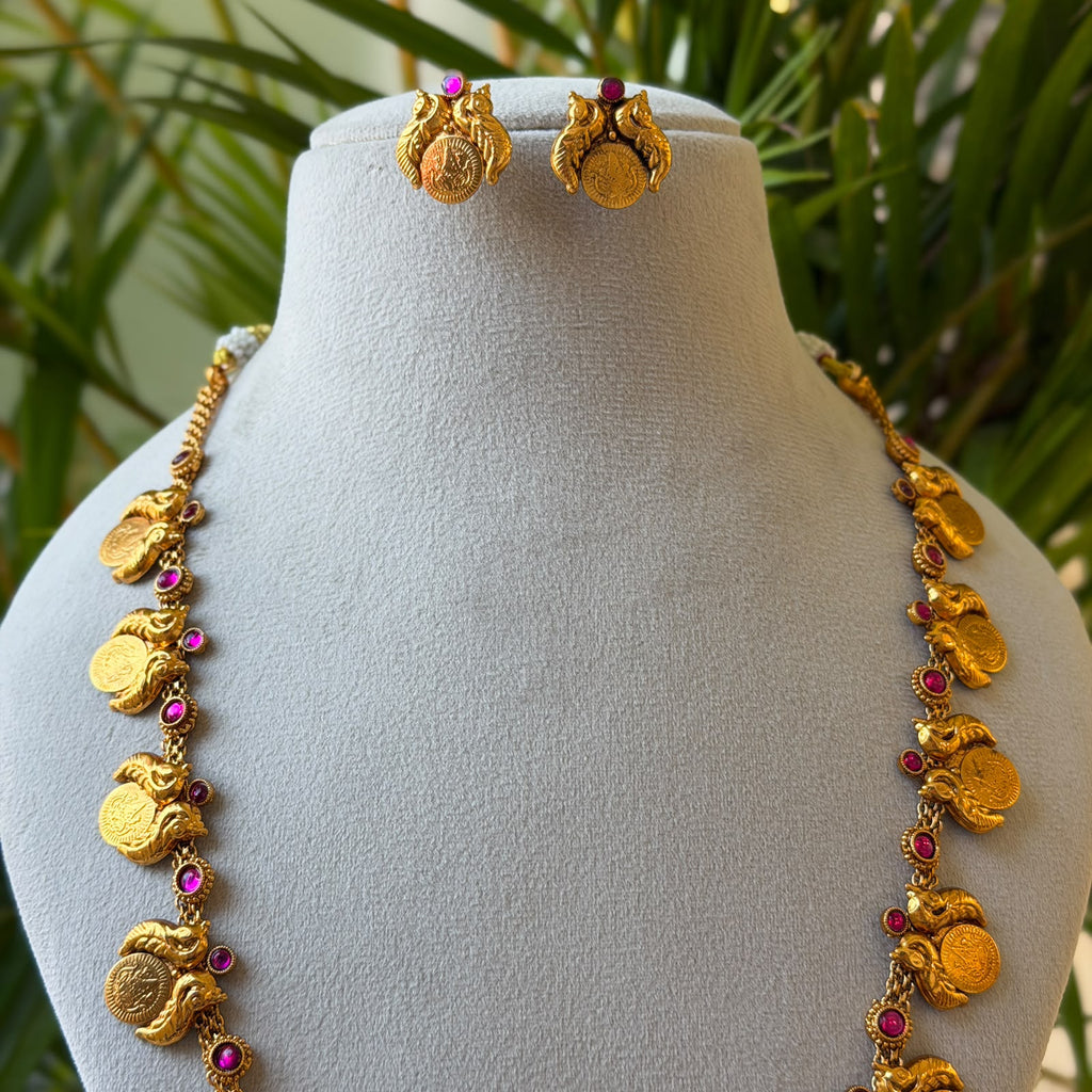 Antique Gold Mango Mala Haram, Long Chain Necklace with Ruby Kemp Mango Motifs & Earrings AH132 (view 3)