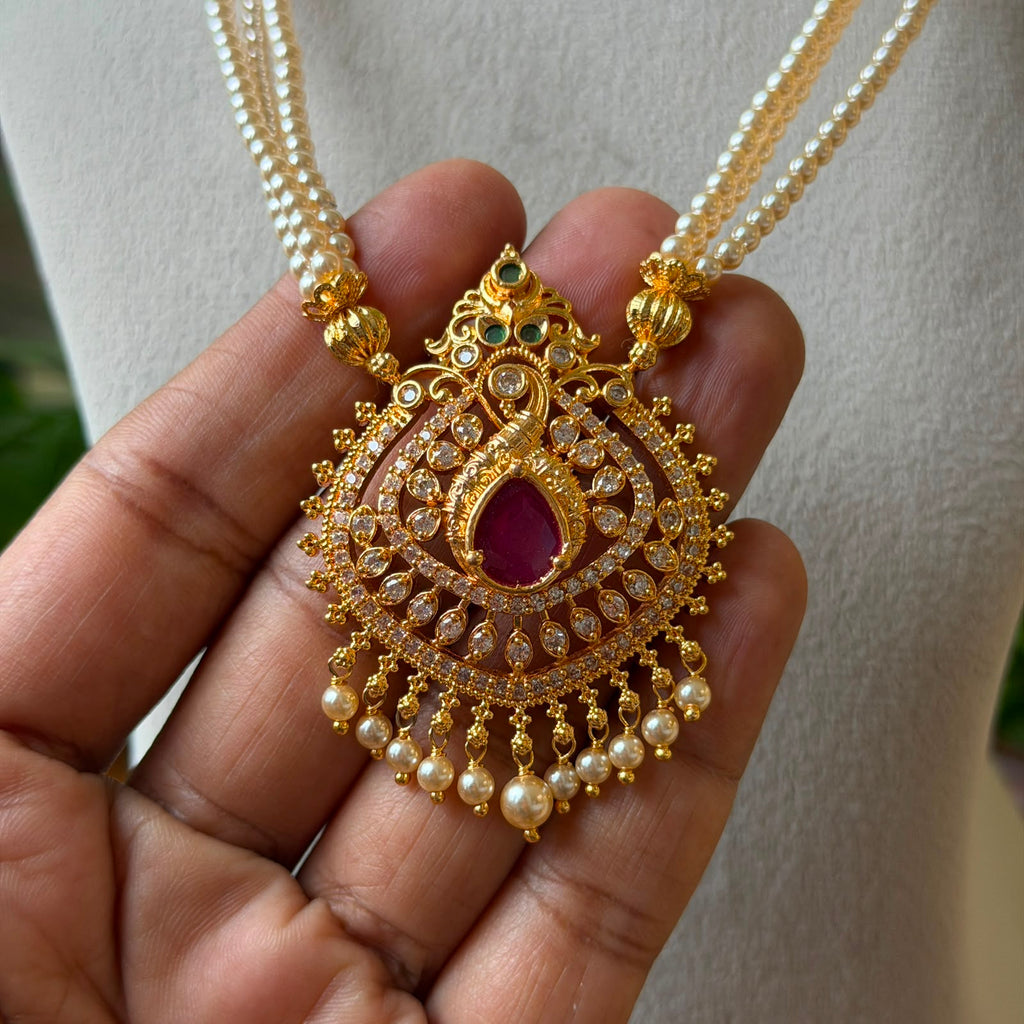 South Indian Bridal Muthina Hara | Pearl Long Chain with Gold Finish Pendant AH62