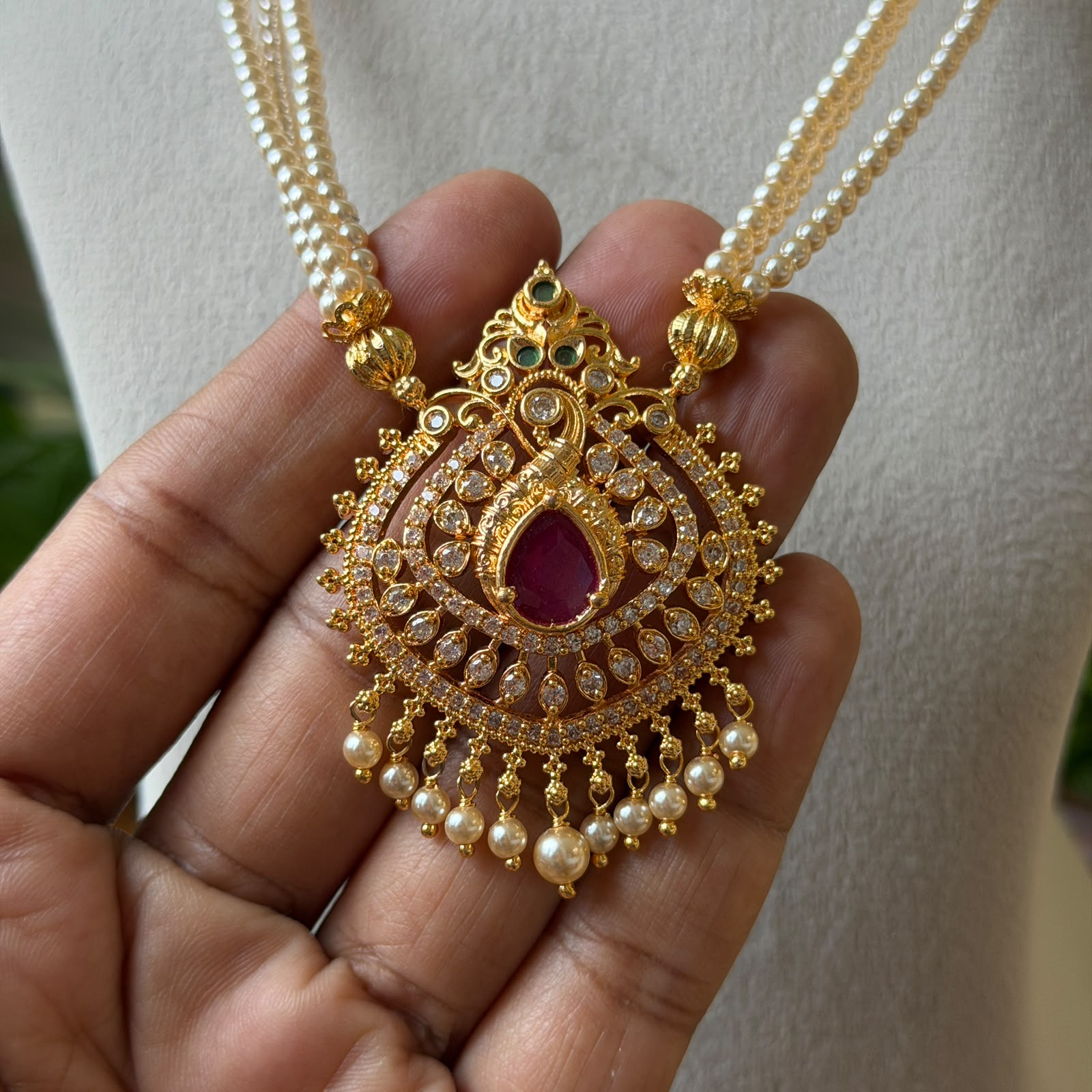 South Indian Bridal Muthina Hara | Pearl Long Chain with Gold Finish Pendant AH62