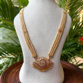 Traditional 3-Strand Pearl Hara with Shanka Design CZ Ruby Pendant – South Indian Temple Jewelry Long Pearl Haar for Bridal & Festive Wear AH64
