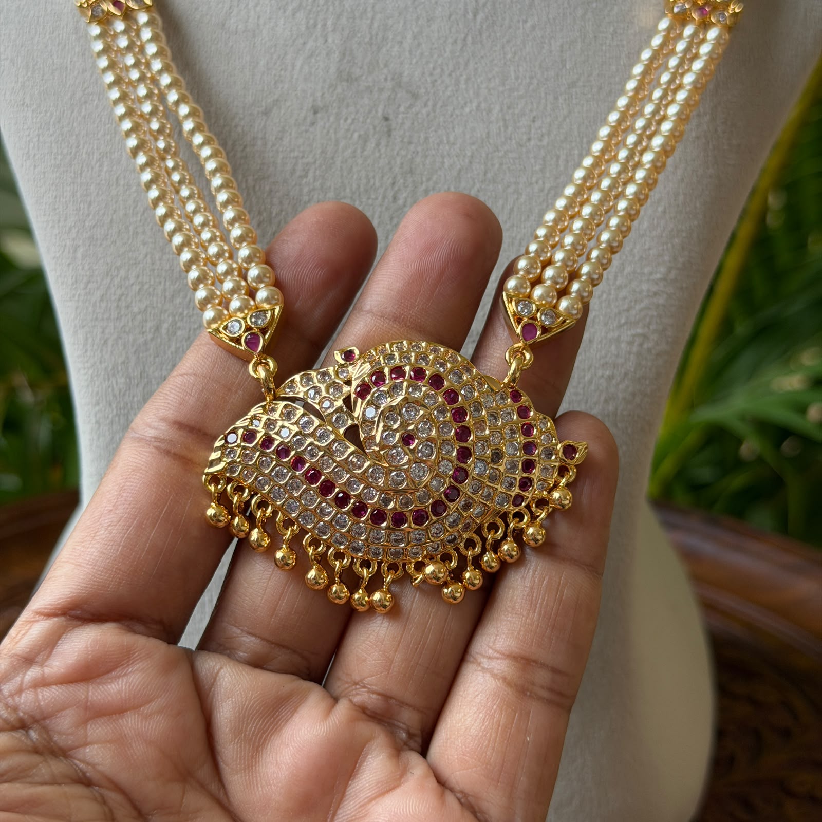 Traditional 3-Strand Pearl Hara with Shanka Design CZ Ruby Pendant – South Indian Temple Jewelry Long Pearl Haar for Bridal & Festive Wear AH64