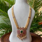 3-Strand Pearl Hara with Gandaberunda Ruby Emerald Pendant – South Indian Temple Jewelry Long Pearl Haar Mala for Brides AH65