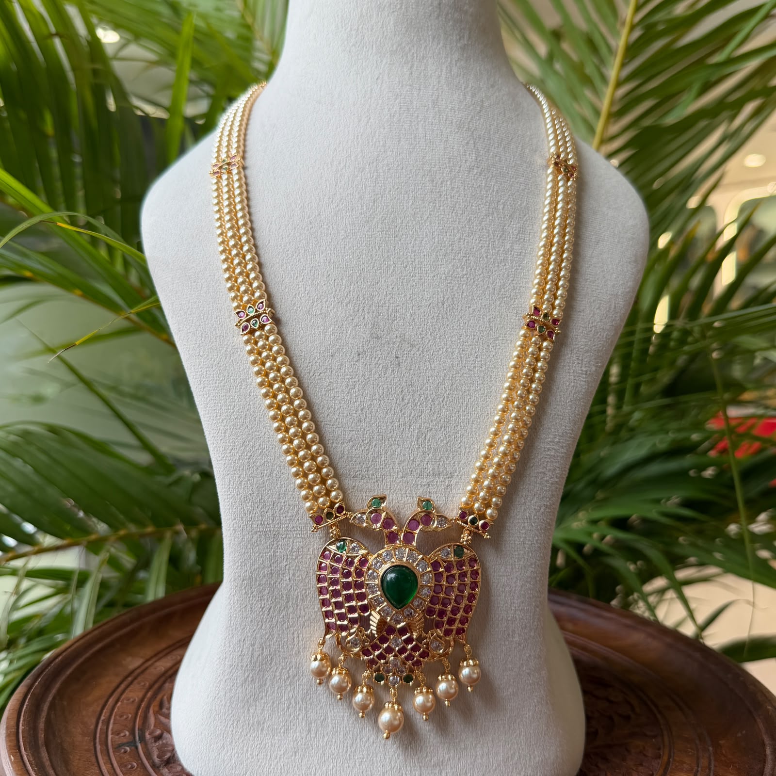 3-Strand Pearl Hara with Gandaberunda Ruby Emerald Pendant – South Indian Temple Jewelry Long Pearl Haar Mala for Brides AH65