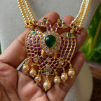 3-Strand Pearl Hara with Gandaberunda Ruby Emerald Pendant – South Indian Temple Jewelry Long Pearl Haar Mala for Brides AH65