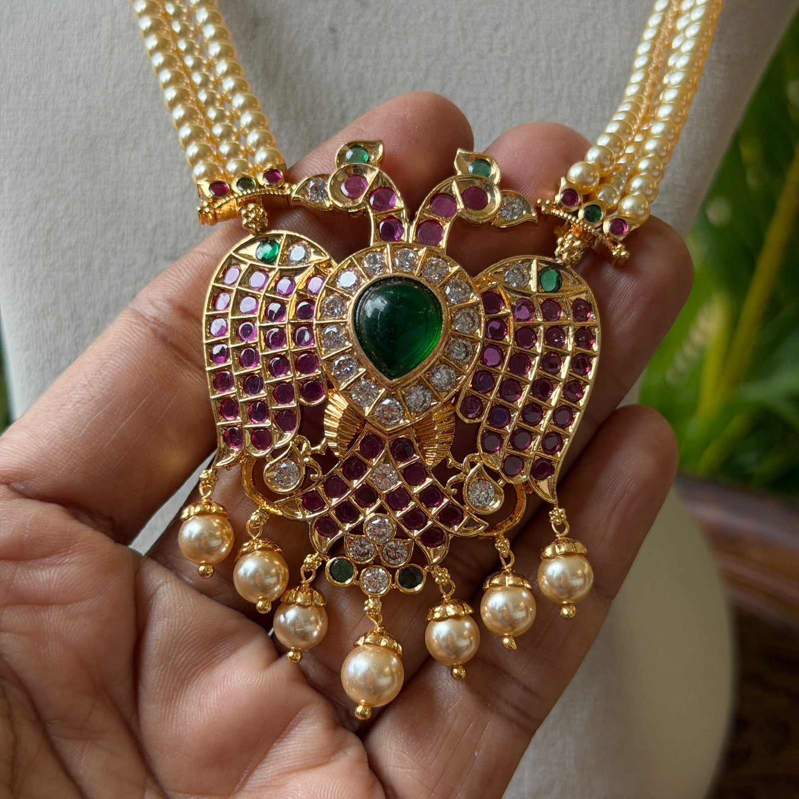 3-Strand Pearl Hara with Gandaberunda Ruby Emerald Pendant – South Indian Temple Jewelry Long Pearl Haar Mala for Brides AH65