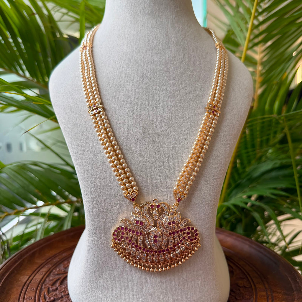Traditional 3-Strand Pearl Hara with CZ Ruby Floral Statement Pendant – South Indian Long Pearl Mala Bridal Temple Jewelry AH66