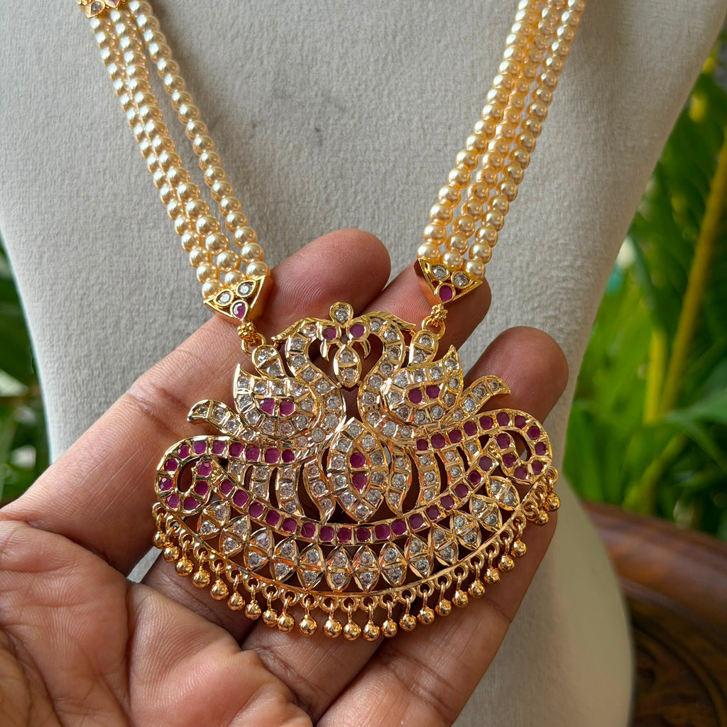 Traditional 3-Strand Pearl Hara with CZ Ruby Floral Statement Pendant – South Indian Long Pearl Mala Bridal Temple Jewelry AH66