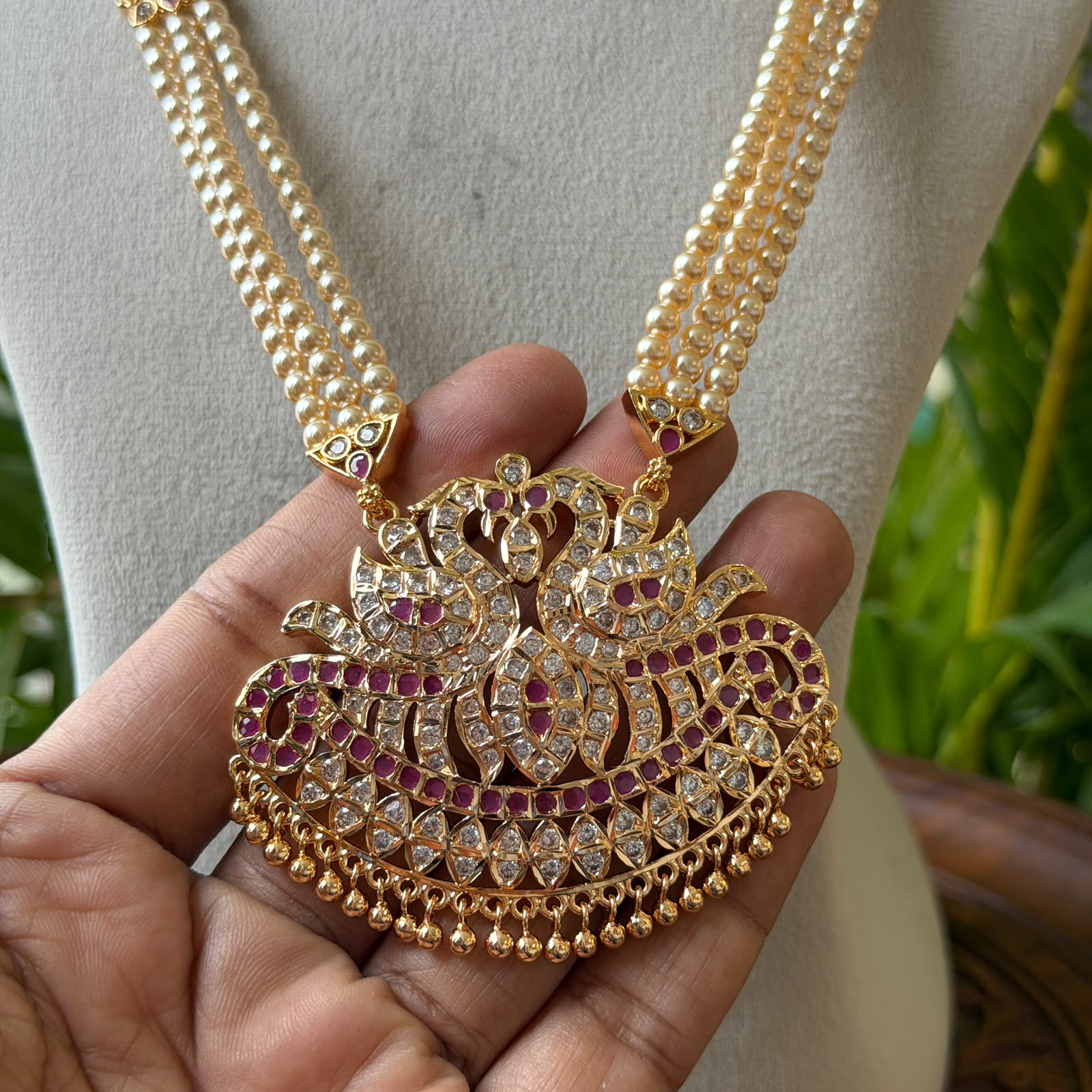 Traditional 3-Strand Pearl Hara with CZ Ruby Floral Statement Pendant – South Indian Long Pearl Mala Bridal Temple Jewelry AH66