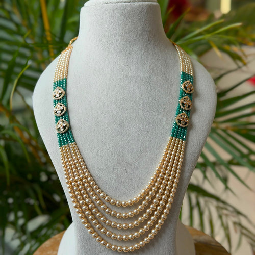 5-Strand Layered Pearl Hara with Kundan Floral Side Motifs – Traditional Ruby/Emerald Beaded Long Haar Mala for Bridal Wear AH67