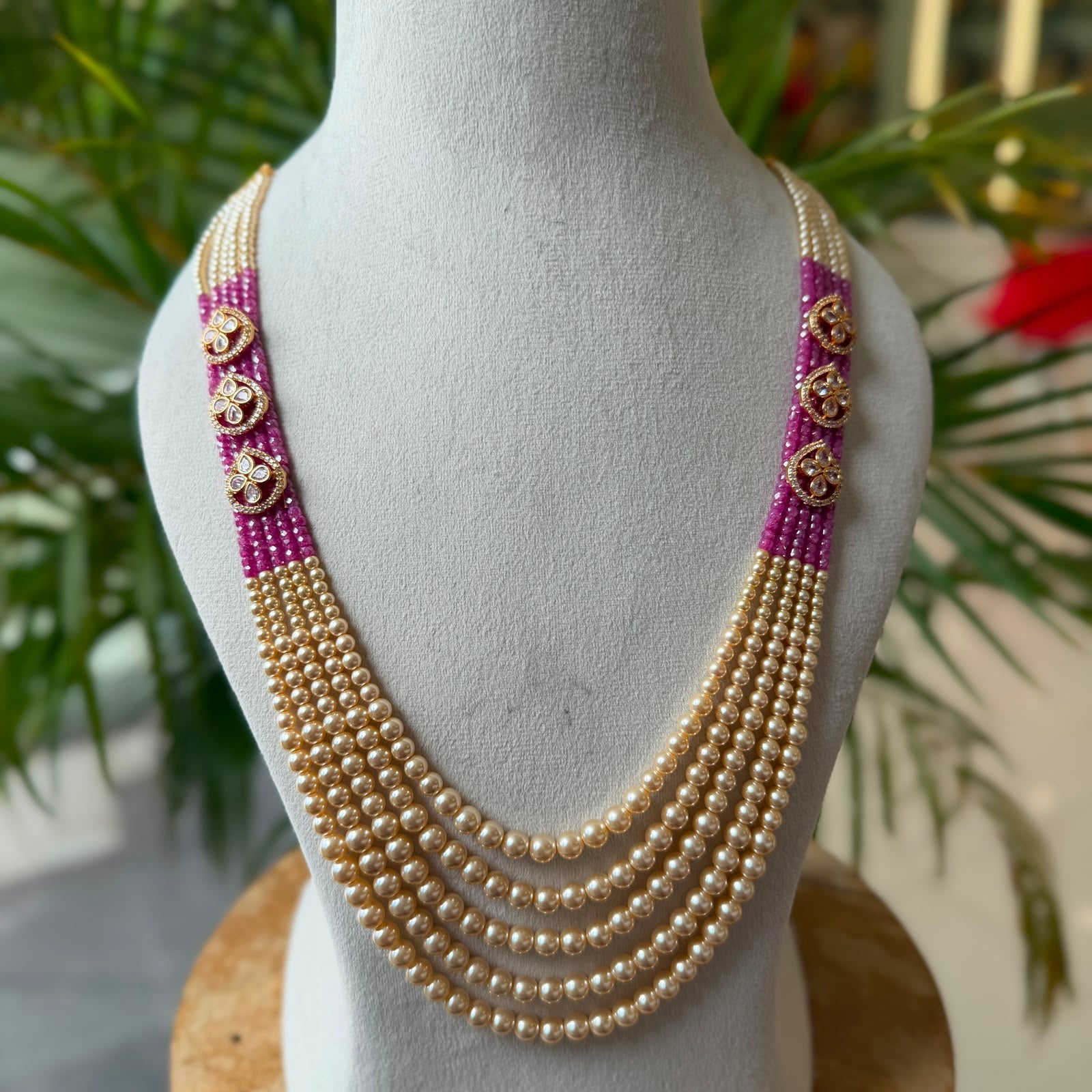 5-Strand Layered Pearl Hara with Kundan Floral Side Motifs – Traditional Ruby/Emerald Beaded Long Haar Mala for Bridal Wear AH67