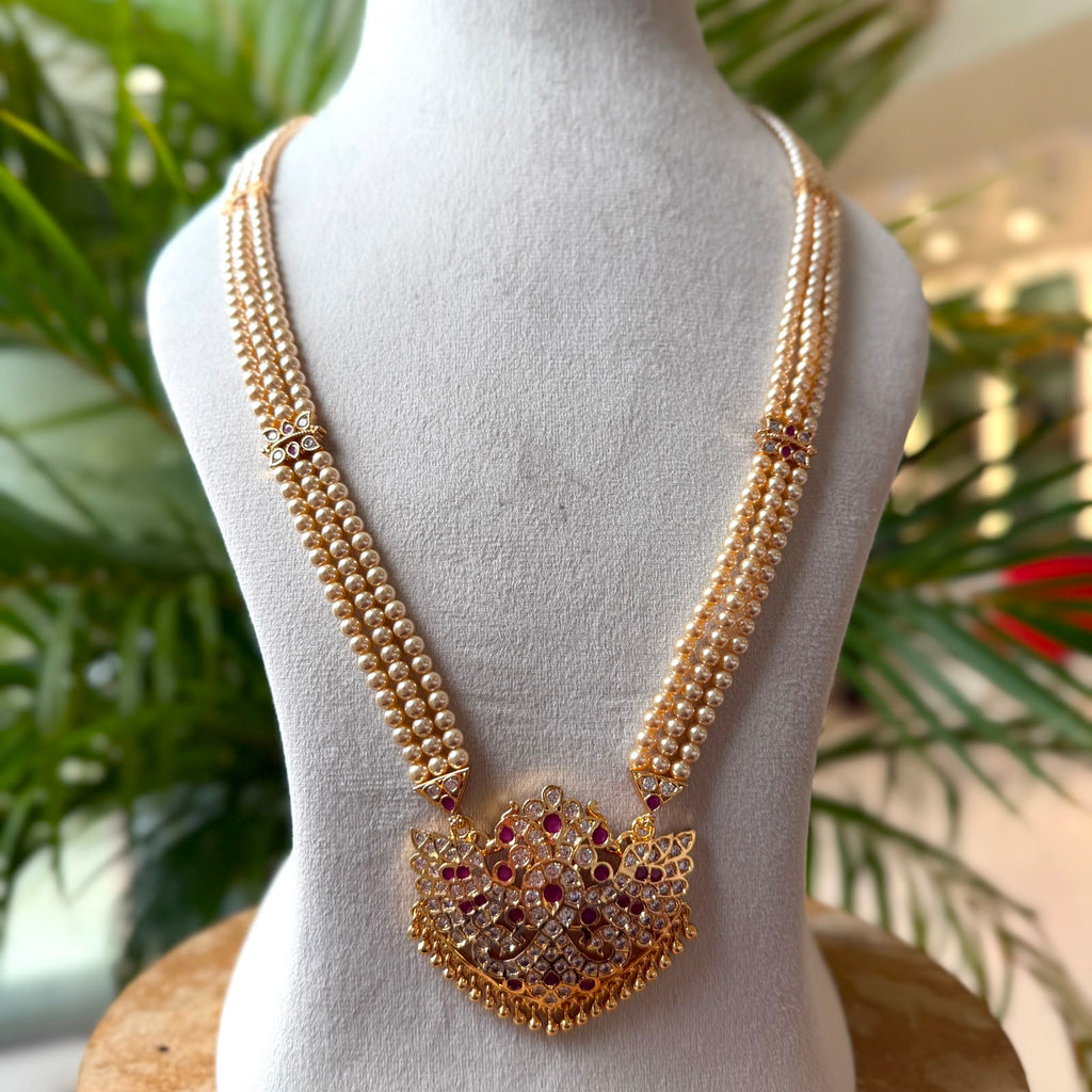 Traditional 3-Strand Pearl Hara with CZ Ruby Statement Pendant – South Indian Bridal Long Pearl Mala Necklace AH68
