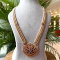 Traditional 3-Strand Pearl Hara with CZ Ruby Statement Pendant – South Indian Bridal Long Pearl Mala Necklace AH68