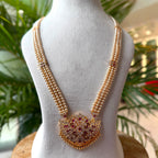 Traditional 3-Strand Pearl Hara with CZ Ruby Statement Pendant – South Indian Bridal Long Pearl Mala Necklace AH68