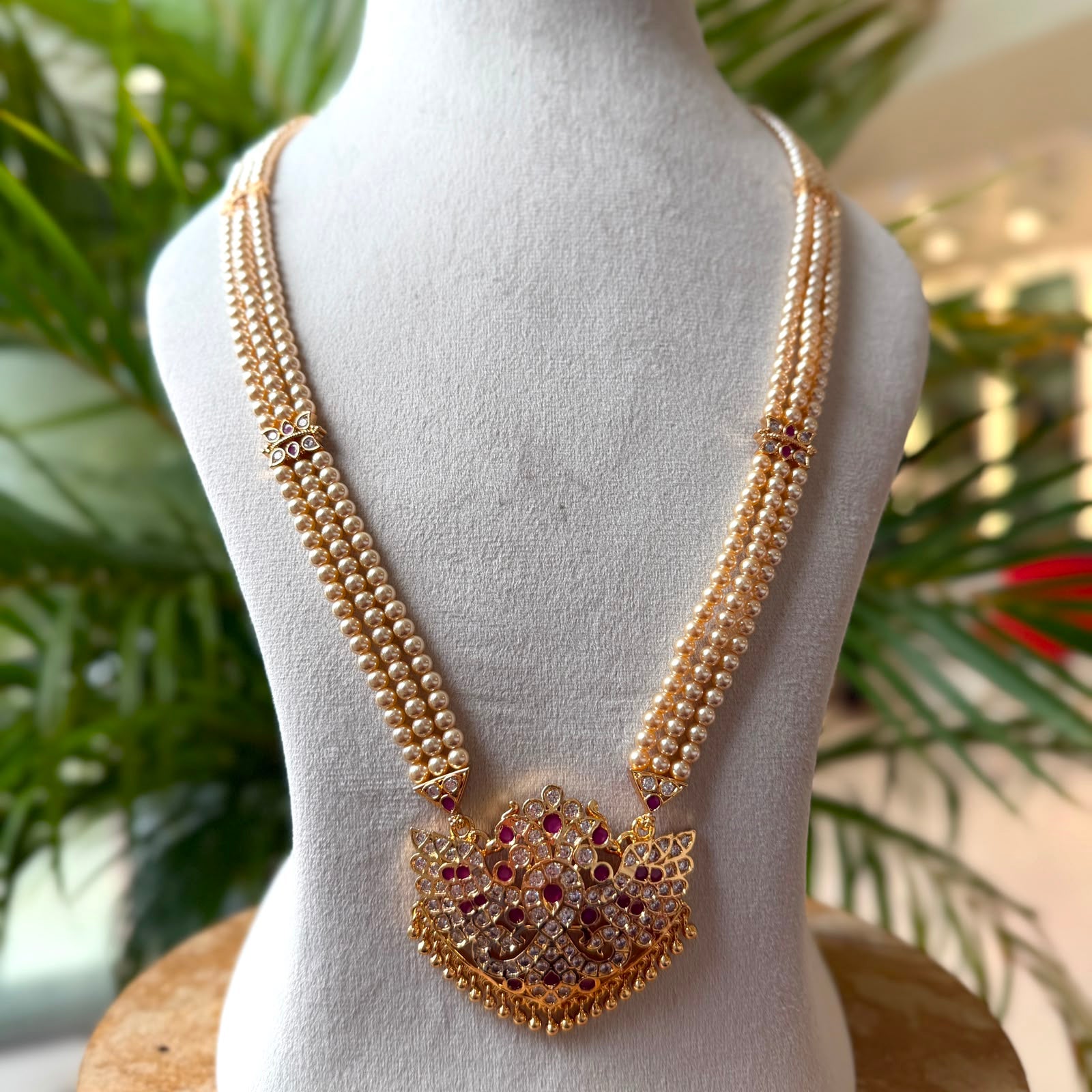 Traditional 3-Strand Pearl Hara with CZ Ruby Statement Pendant – South Indian Bridal Long Pearl Mala Necklace AH68