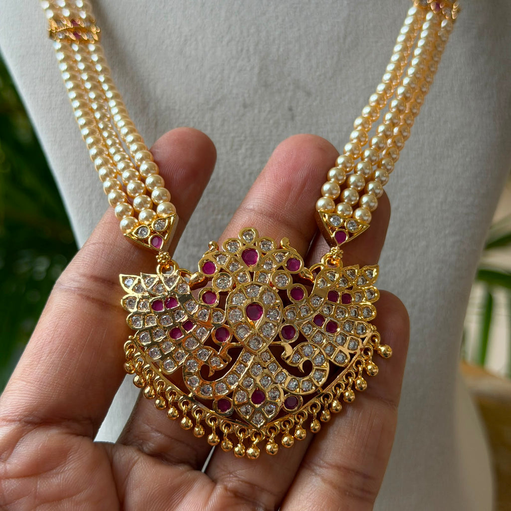 Traditional 3-Strand Pearl Hara with CZ Ruby Statement Pendant – South Indian Bridal Long Pearl Mala Necklace AH68