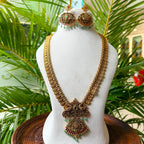 Antique Gold Finish Temple Jewelry Hara Set – Twin Peacock Long Necklace with Matching Earrings for Bridal Wear AH69
