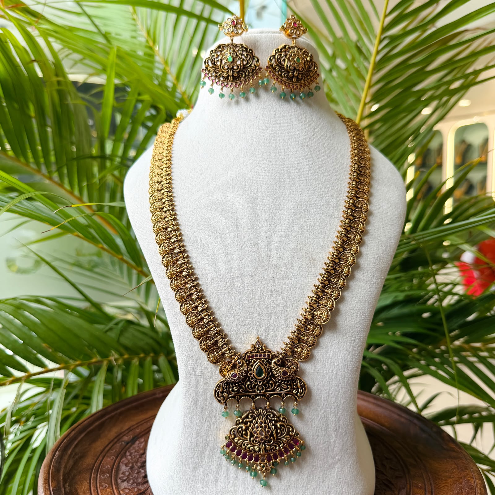 Antique Gold Finish Temple Jewelry Hara Set – Twin Peacock Long Necklace with Matching Earrings for Bridal Wear AH69