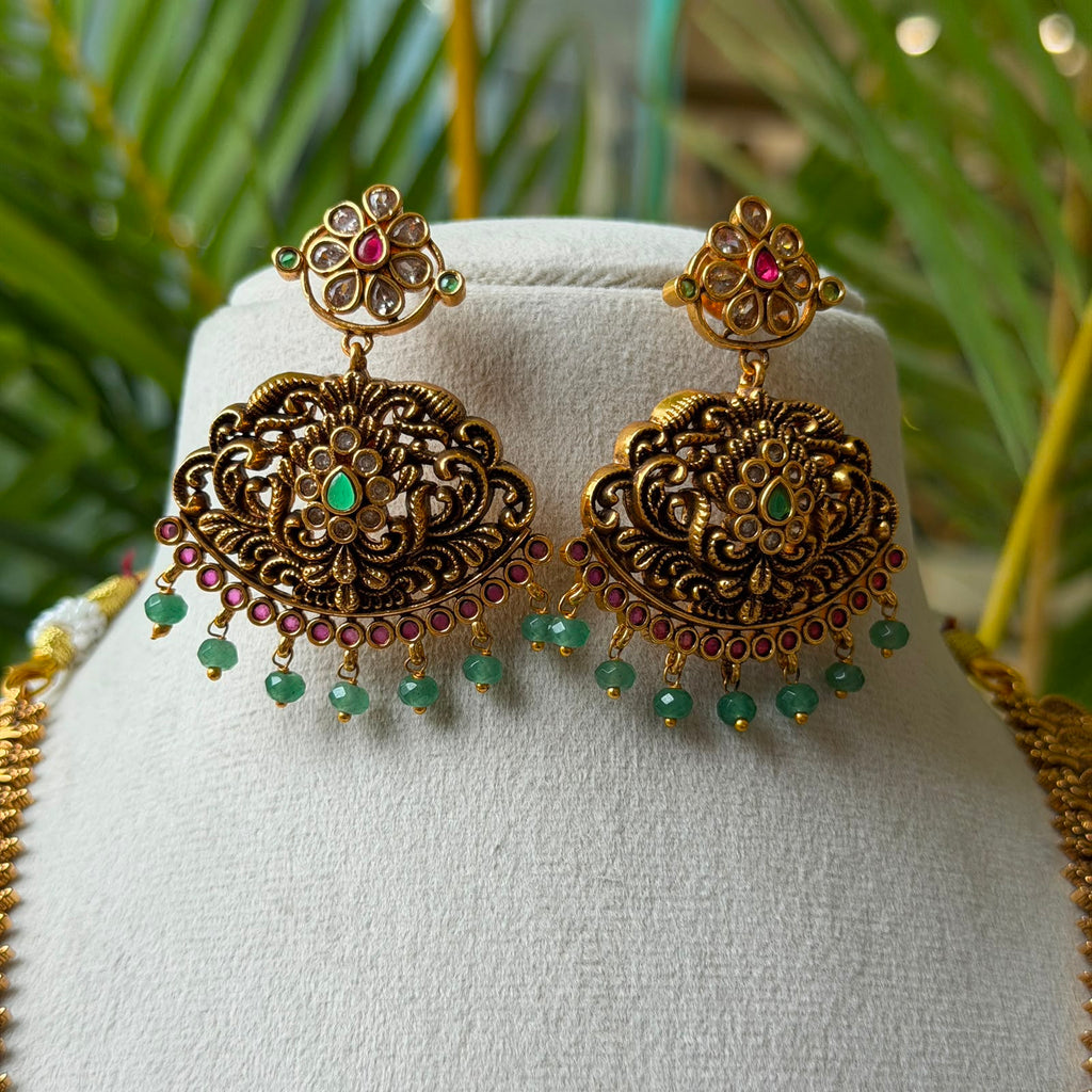 Antique Gold Finish Temple Jewelry Hara Set – Twin Peacock Long Necklace with Matching Earrings for Bridal Wear AH69