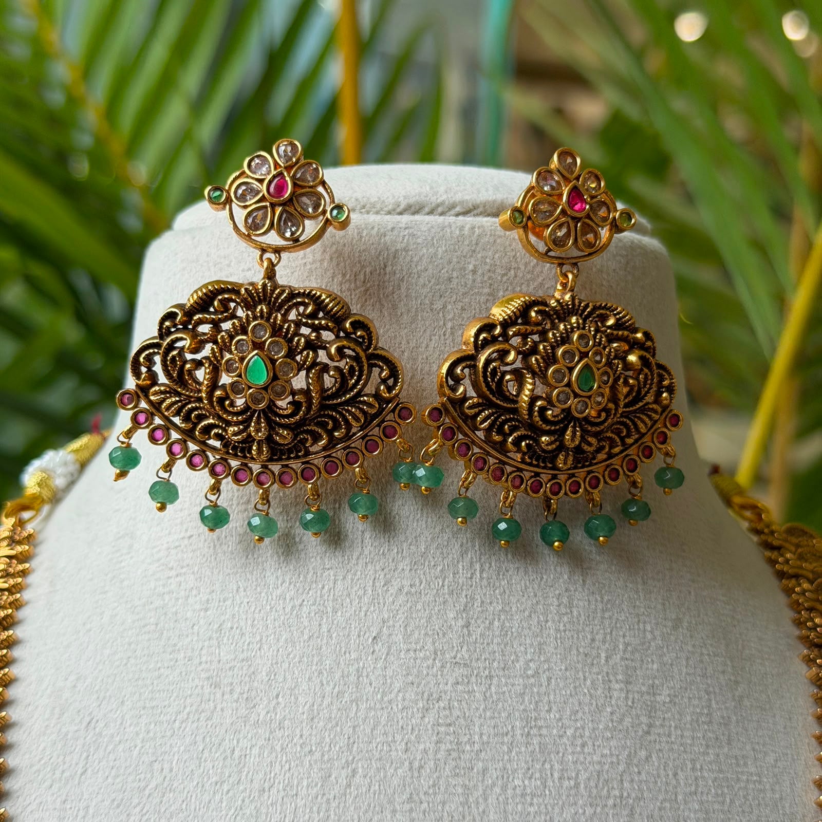 Antique Gold Finish Temple Jewelry Hara Set – Twin Peacock Long Necklace with Matching Earrings for Bridal Wear AH69