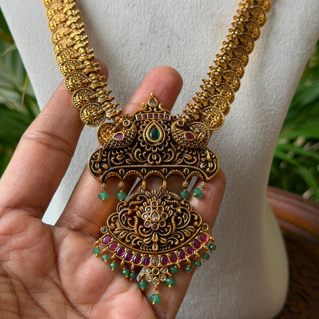 Antique Gold Finish Temple Jewelry Hara Set – Twin Peacock Long Necklace with Matching Earrings for Bridal Wear AH69