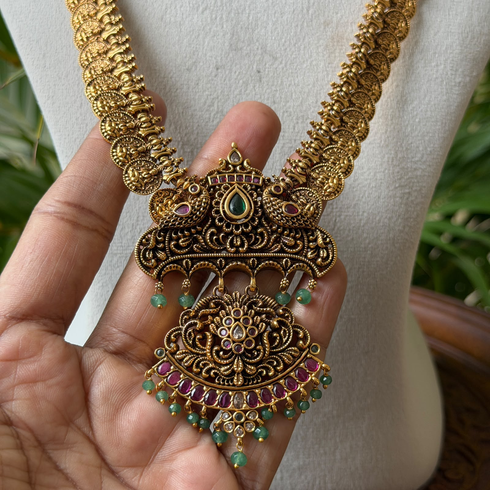 Antique Gold Finish Temple Jewelry Hara Set – Twin Peacock Long Necklace with Matching Earrings for Bridal Wear AH69