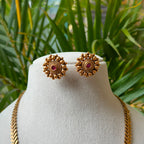 Antique Gold Finish Leaf Pattern Hara Set with Ruby Centerpiece Pendant – Traditional South Indian Long Necklace AH70