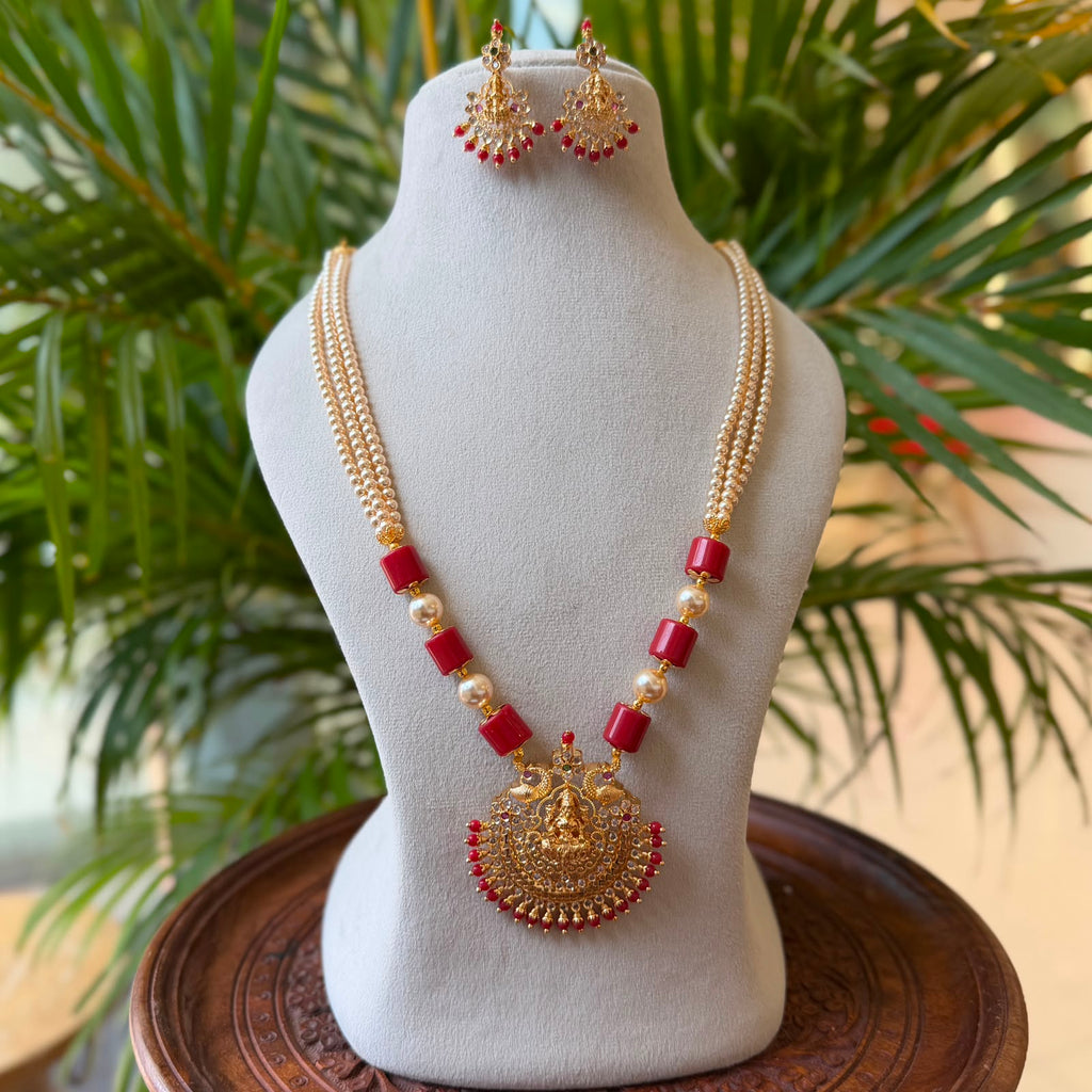 Traditional Coral & 3-Strand Pearl Hara with Goddess Lakshmi Temple Pendant – South Indian Long Necklace Set with Earrings AH71