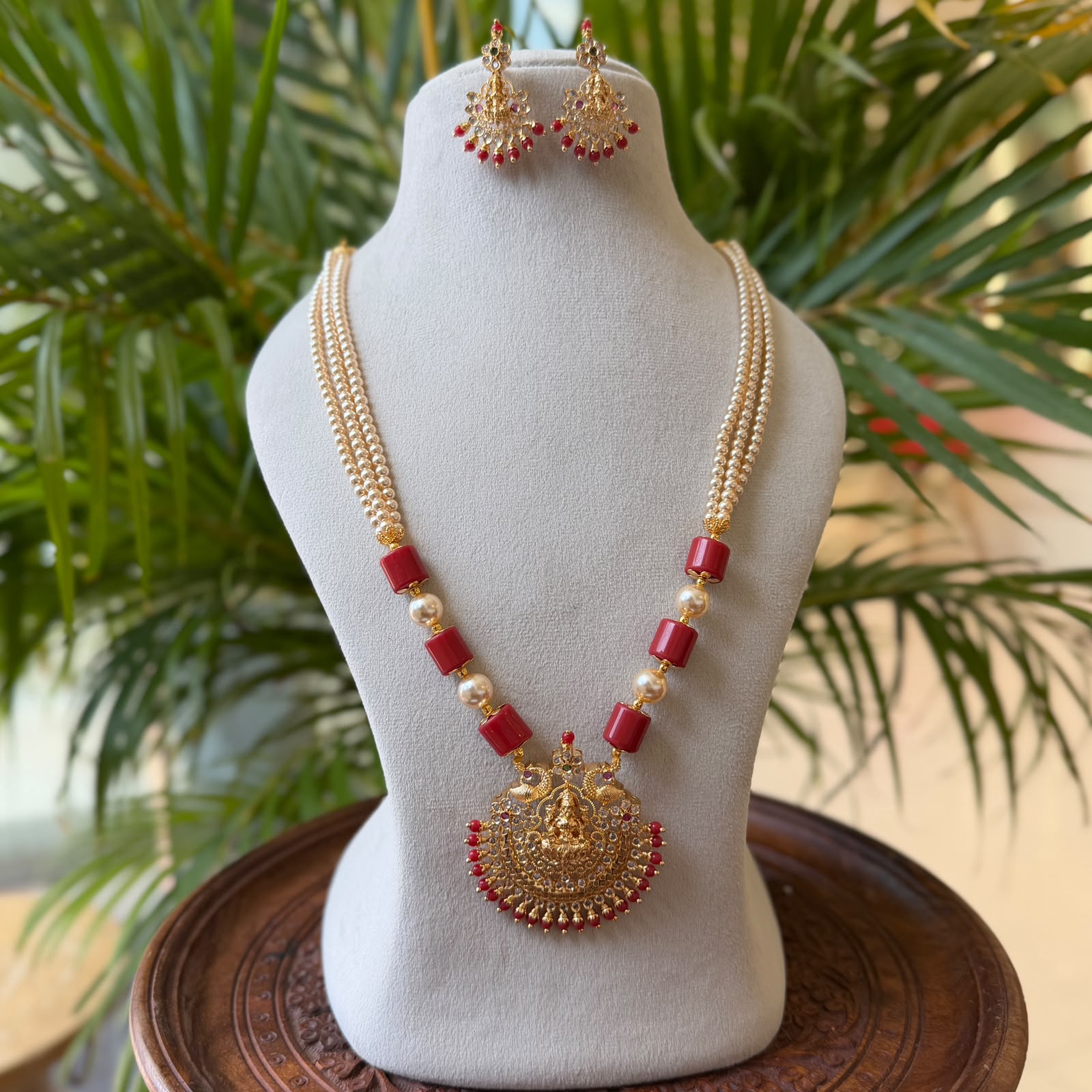 Traditional Coral & 3-Strand Pearl Hara with Goddess Lakshmi Temple Pendant – South Indian Long Necklace Set with Earrings AH71