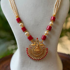 Traditional Coral & 3-Strand Pearl Hara with Goddess Lakshmi Temple Pendant – South Indian Long Necklace Set with Earrings AH71